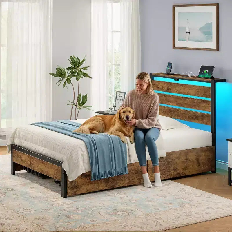 Greenstell Industrial Metal Platform Bed Frame with 4 Storage Drawers - Led light & Charging Station , Mattress Foundation, Heavy Duty