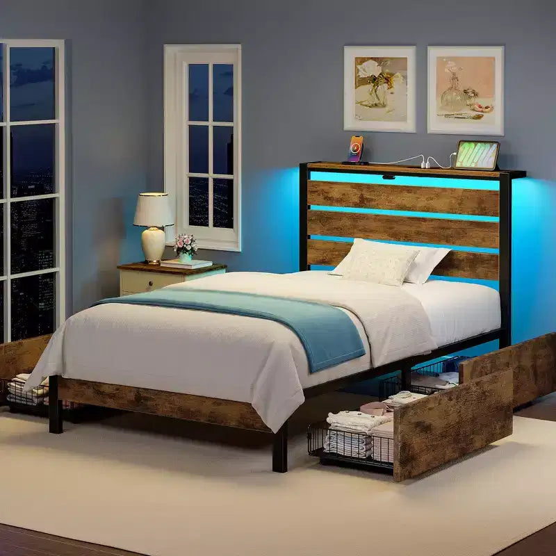 Greenstell Industrial Metal Platform Bed Frame with 4 Storage Drawers - Led light & Charging Station , Mattress Foundation, Heavy Duty