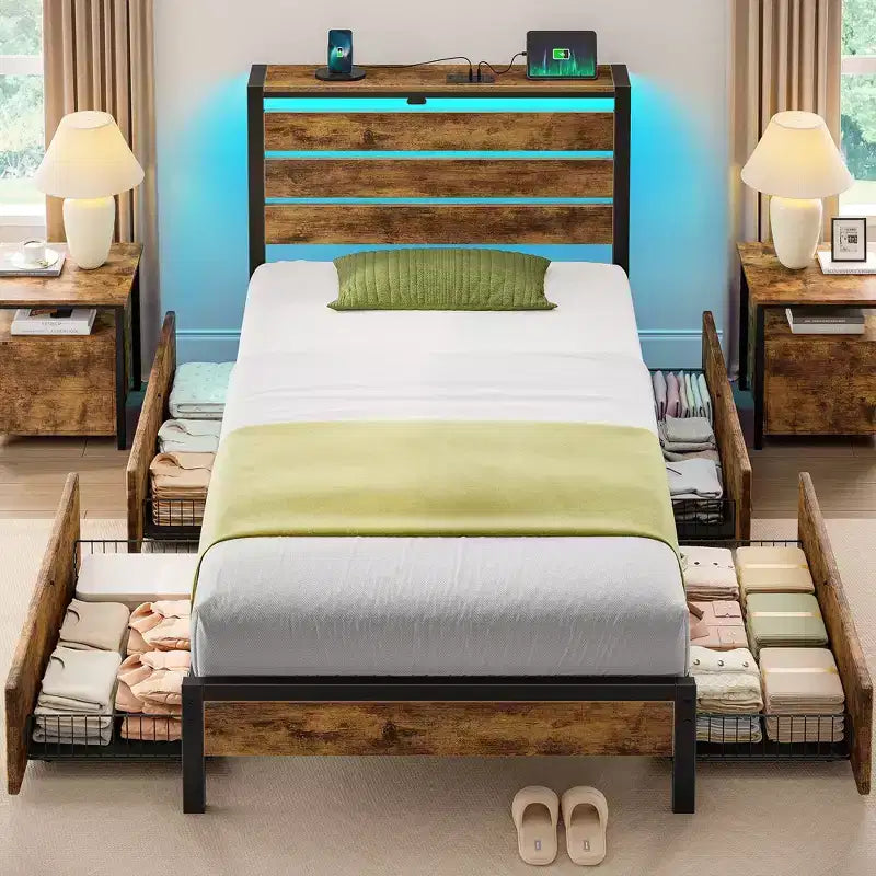 Greenstell Industrial Metal Platform Bed Frame with 4 Storage Drawers - Led light & Charging Station , Mattress Foundation, Heavy Duty