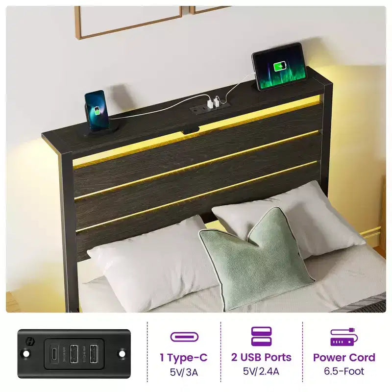 Greenstell Industrial Metal Platform Bed Frame with 4 Storage Drawers - Led light & Charging Station , Mattress Foundation, Heavy Duty