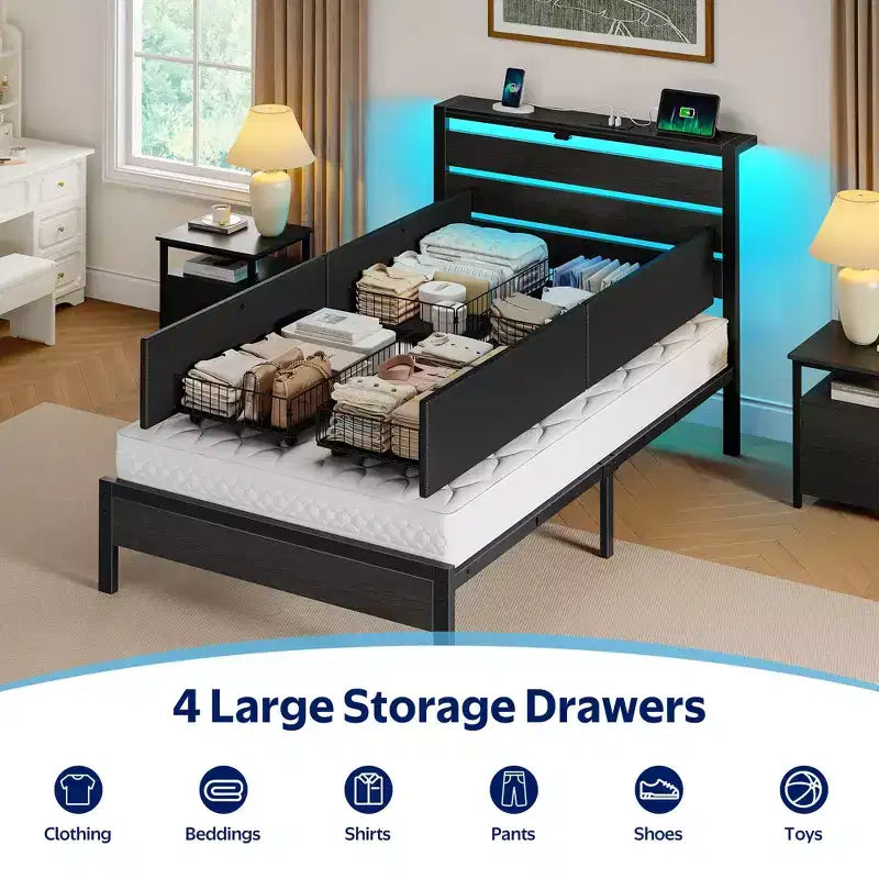 Greenstell Industrial Metal Platform Bed Frame with 4 Storage Drawers - Led light & Charging Station , Mattress Foundation, Heavy Duty