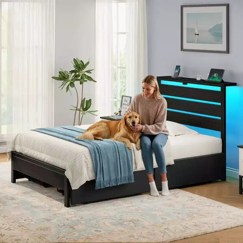 Greenstell Industrial Metal Platform Bed Frame with 4 Storage Drawers - Led light & Charging Station , Mattress Foundation, Heavy Duty