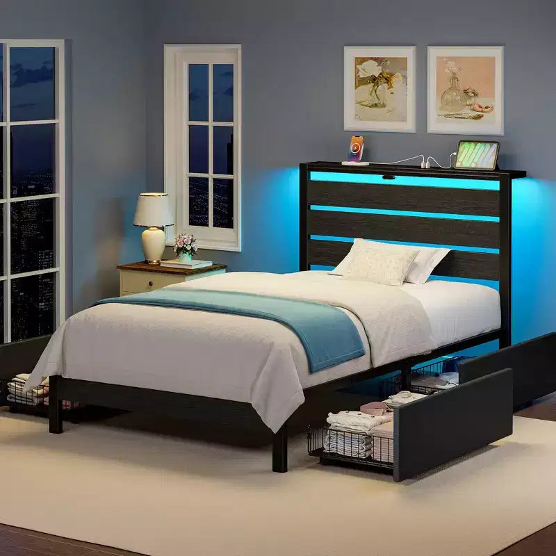 Greenstell Industrial Metal Platform Bed Frame with 4 Storage Drawers - Led light & Charging Station , Mattress Foundation, Heavy Duty