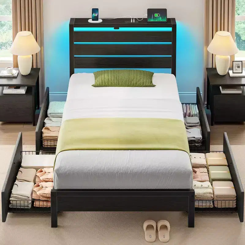 Greenstell Industrial Metal Platform Bed Frame with 4 Storage Drawers - Led light & Charging Station , Mattress Foundation, Heavy Duty