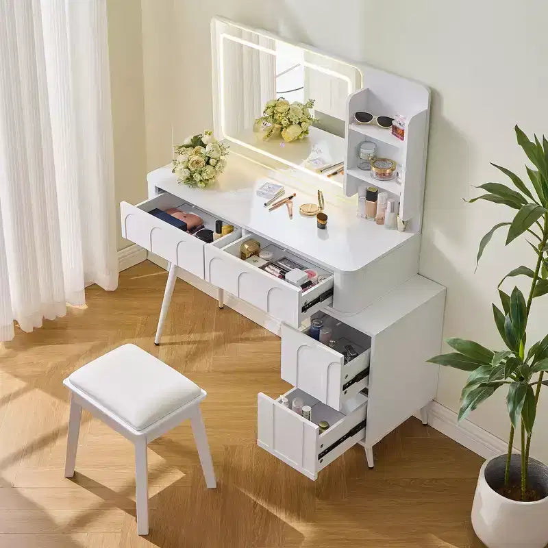 GDFStudio Rajiv Modern Vanity Set with Faux Leather Stool, 3-Color Lighted Mirror and Movable Side Cabinet