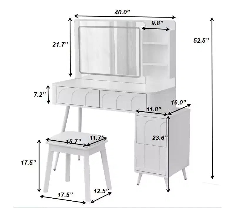 GDFStudio Rajiv Modern Vanity Set with Faux Leather Stool, 3-Color Lighted Mirror and Movable Side Cabinet