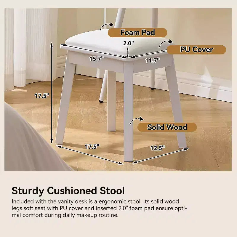 GDFStudio Rajiv Modern Vanity Set with Faux Leather Stool, 3-Color Lighted Mirror and Movable Side Cabinet