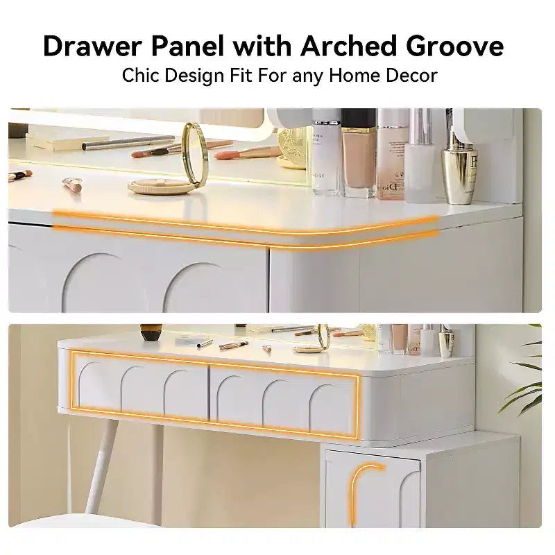 GDFStudio Rajiv Modern Vanity Set with Faux Leather Stool, 3-Color Lighted Mirror and Movable Side Cabinet