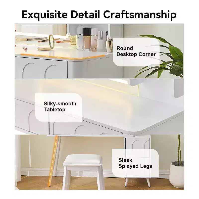 GDFStudio Rajiv Modern Vanity Set with Faux Leather Stool, 3-Color Lighted Mirror and Movable Side Cabinet