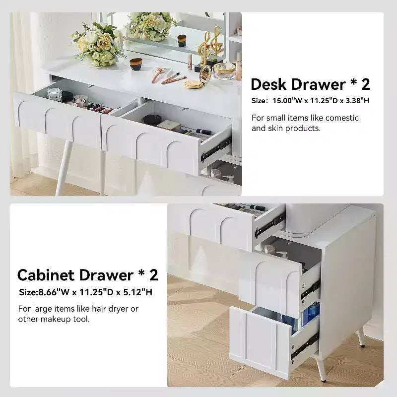 GDFStudio Rajiv Modern Vanity Set with Faux Leather Stool, 3-Color Lighted Mirror and Movable Side Cabinet
