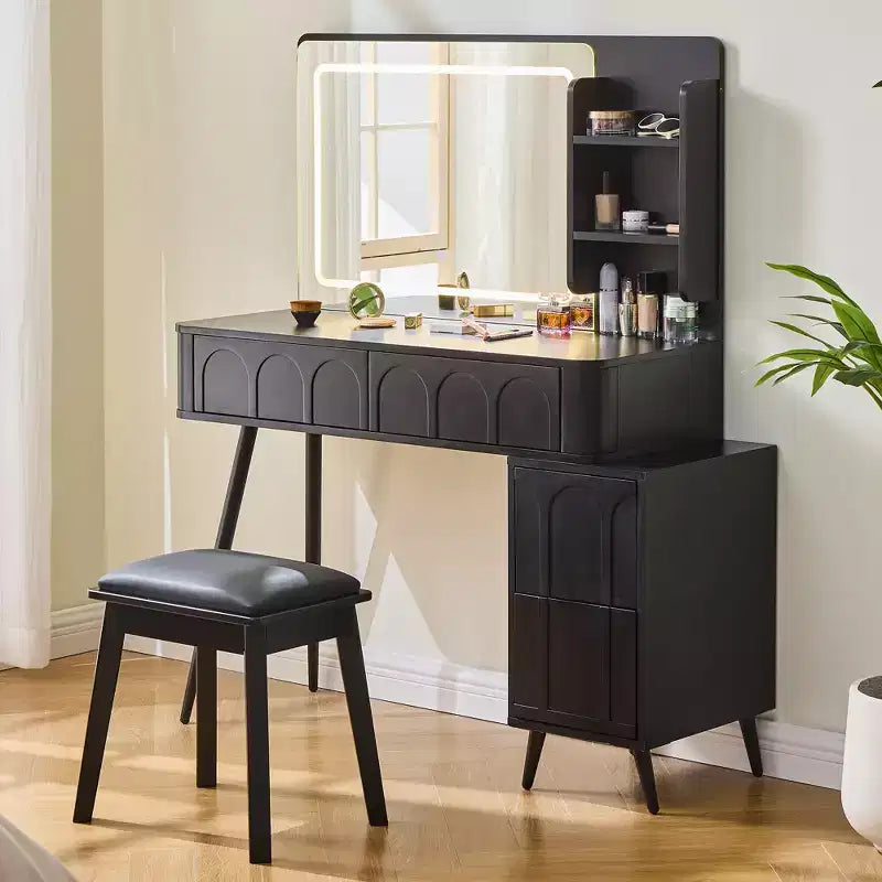 GDFStudio Rajiv Modern Vanity Set with Faux Leather Stool, 3-Color Lighted Mirror and Movable Side Cabinet