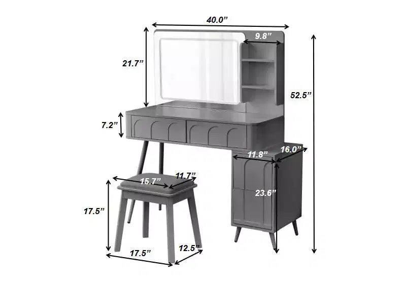 GDFStudio Rajiv Modern Vanity Set with Faux Leather Stool, 3-Color Lighted Mirror and Movable Side Cabinet