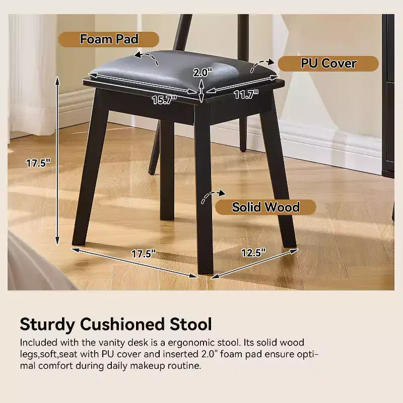 GDFStudio Rajiv Modern Vanity Set with Faux Leather Stool, 3-Color Lighted Mirror and Movable Side Cabinet