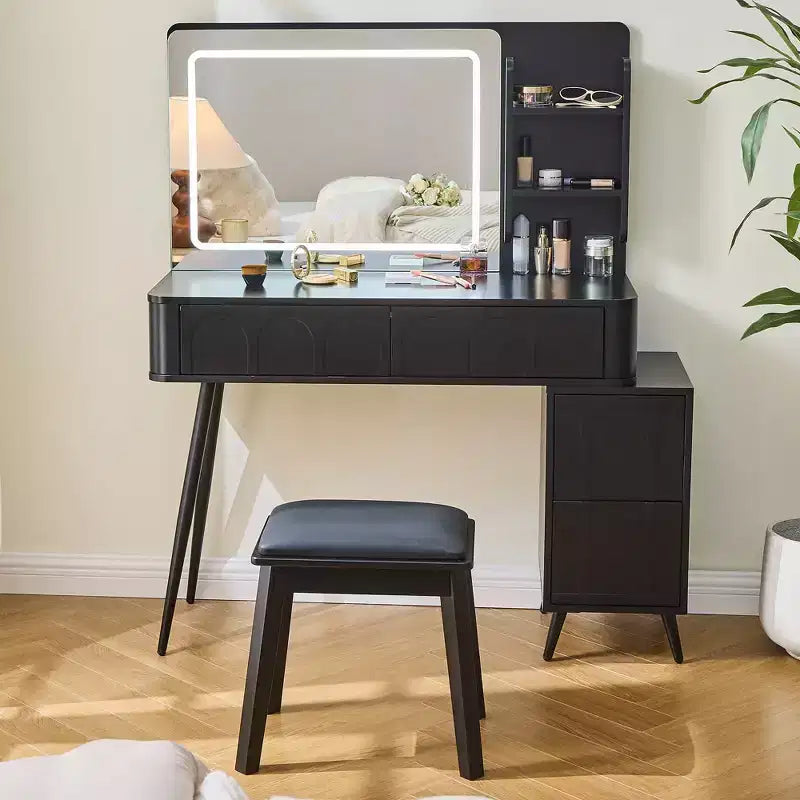 GDFStudio Rajiv Modern Vanity Set with Faux Leather Stool, 3-Color Lighted Mirror and Movable Side Cabinet