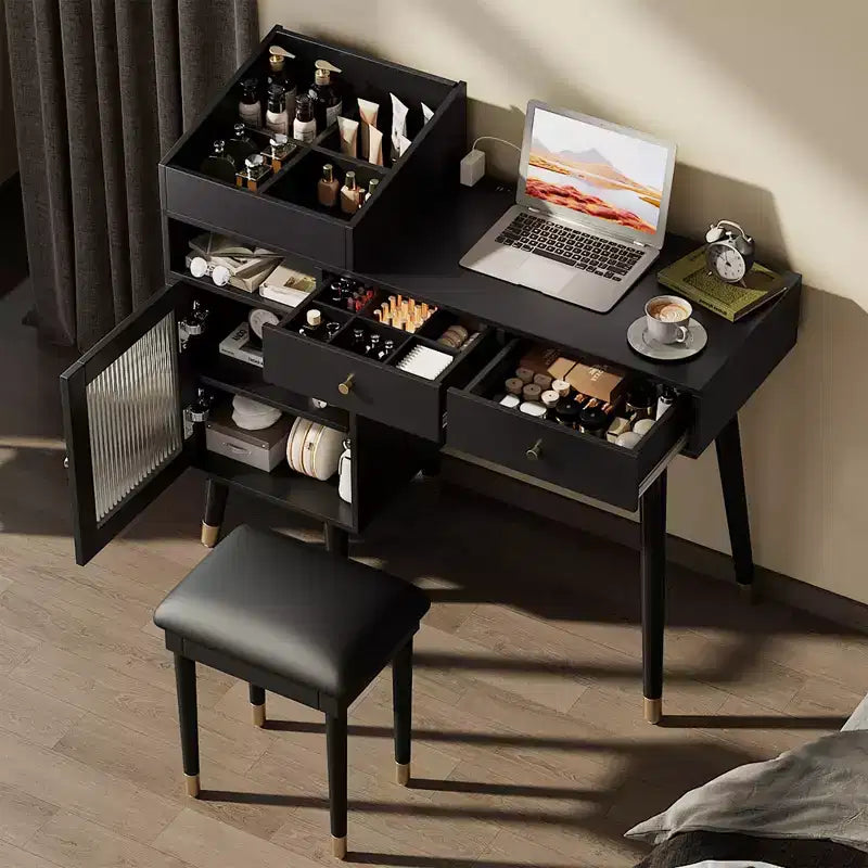 Coiffeuse compacte moderne avec tabouret, port de charge, tiroirs et meuble de rangement