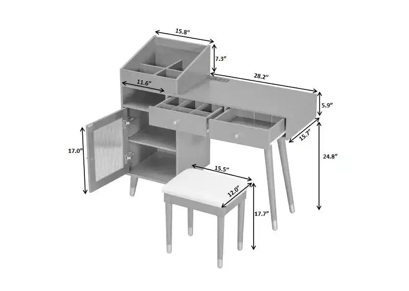 Coiffeuse compacte moderne avec tabouret, port de charge, tiroirs et meuble de rangement