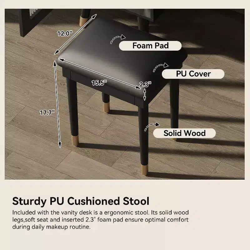 Coiffeuse compacte moderne avec tabouret, port de charge, tiroirs et meuble de rangement