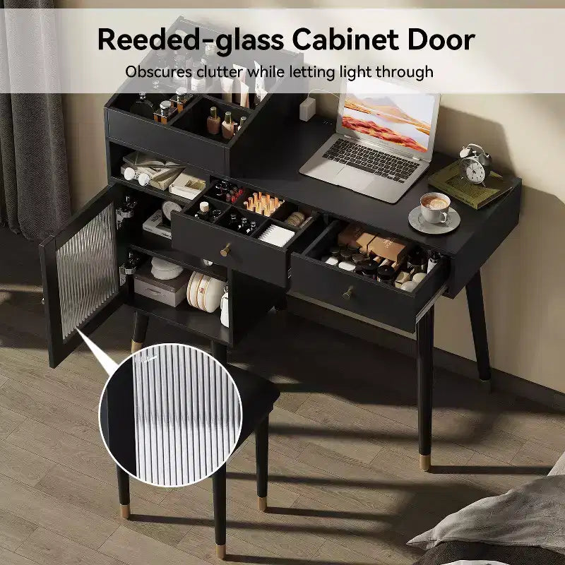Coiffeuse compacte moderne avec tabouret, port de charge, tiroirs et meuble de rangement