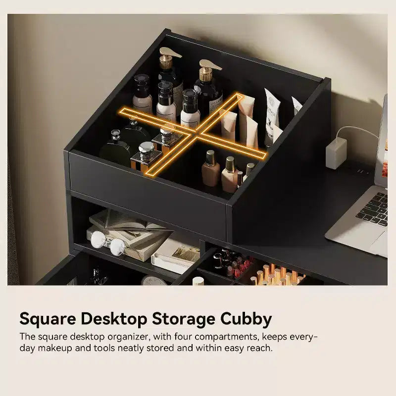 Coiffeuse compacte moderne avec tabouret, port de charge, tiroirs et meuble de rangement