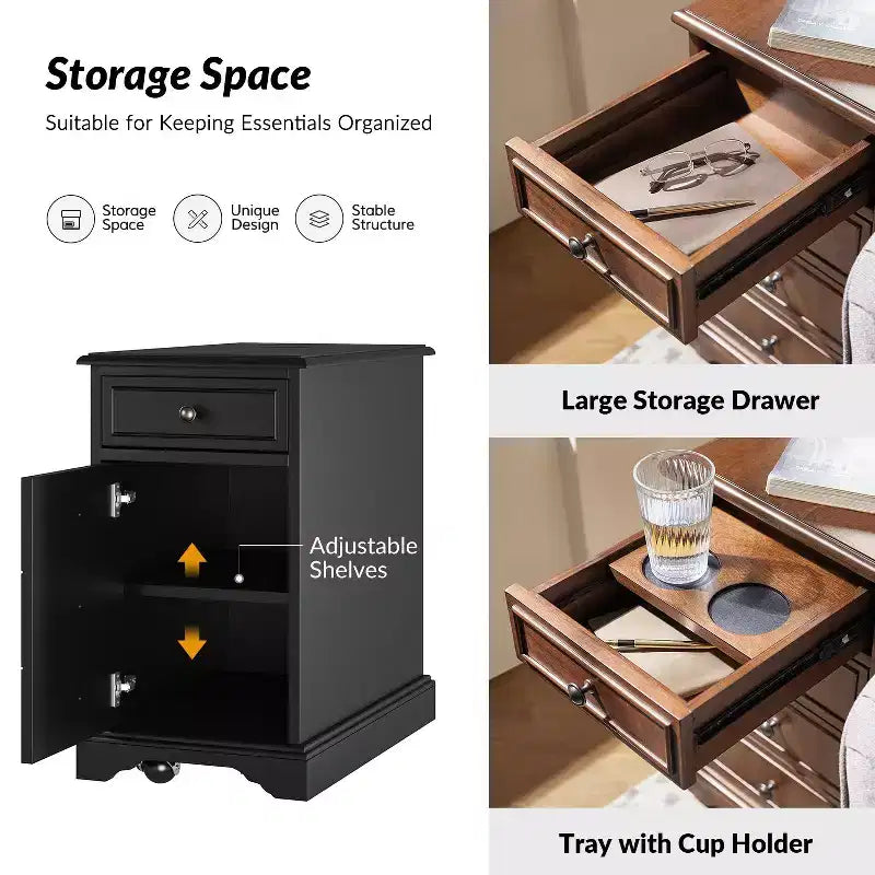Table d'appoint traditionnelle avec rangement et prises intégrées