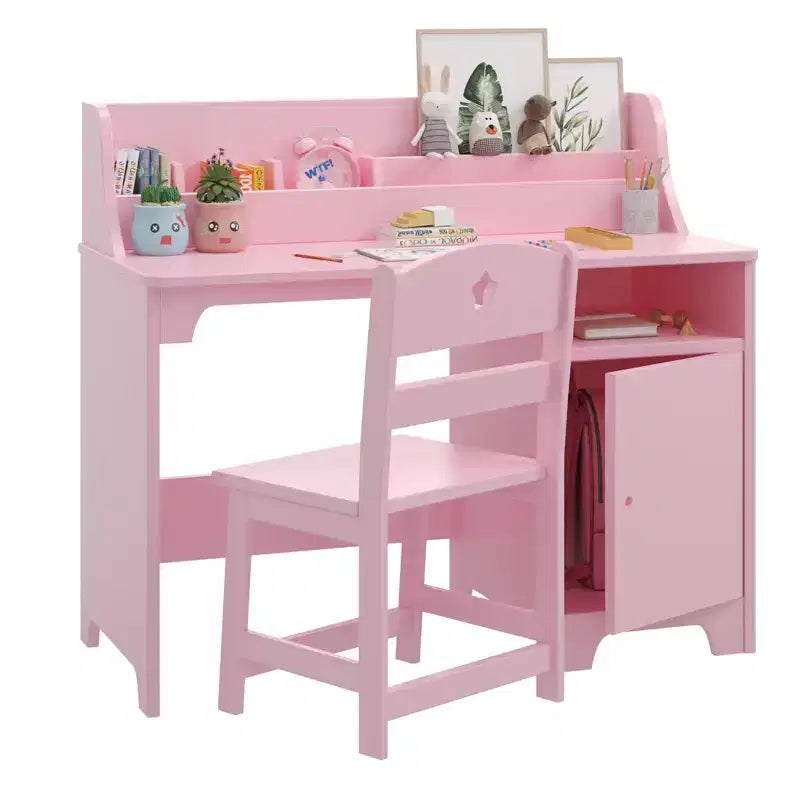 Kids Study Desk with Chair & Storage Cabinet  Wooden Study Table for Boys/Girls' Bedroom or Study Room