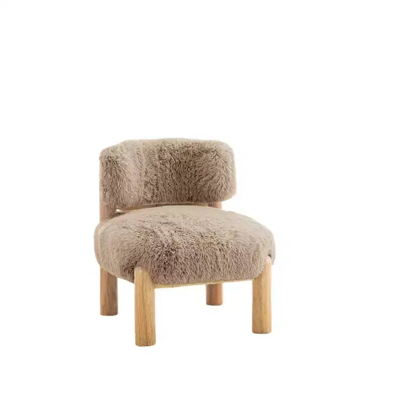 Fauteuil d'appoint sans accoudoirs de luxe en fausse fourrure pelucheuse, pieds élégants en bois pour salon, chambre, appartement ou balcon