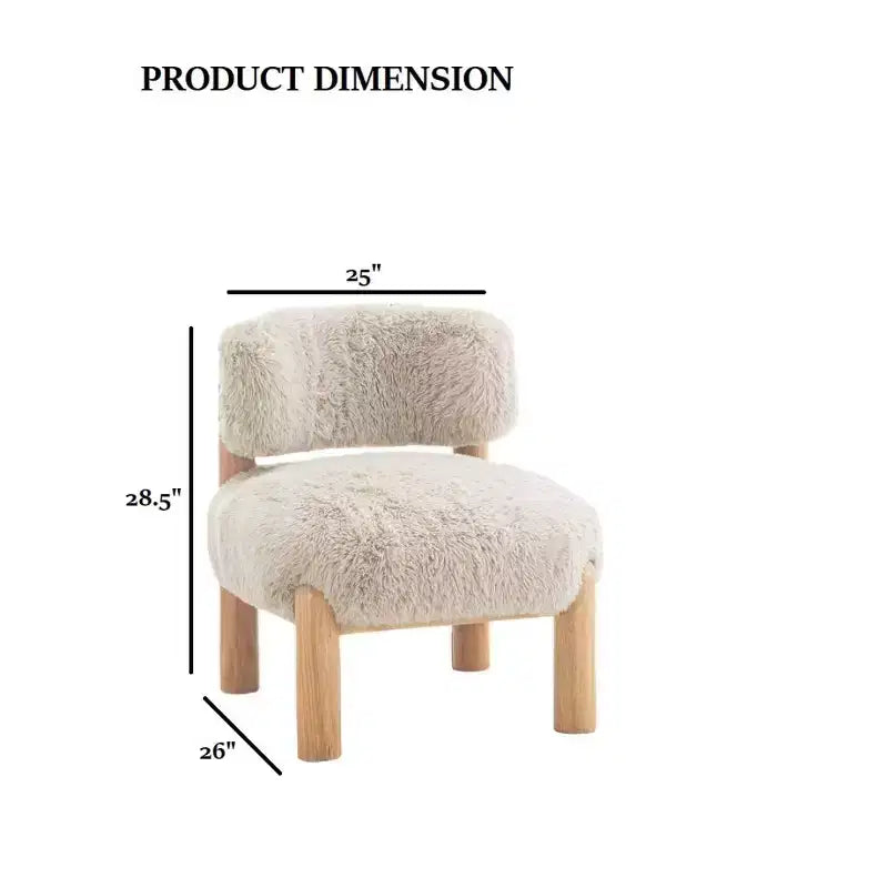 Fauteuil d'appoint sans accoudoirs de luxe en fausse fourrure pelucheuse, pieds élégants en bois pour salon, chambre, appartement ou balcon