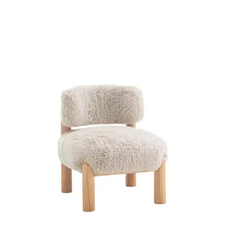 Fauteuil d'appoint sans accoudoirs de luxe en fausse fourrure pelucheuse, pieds élégants en bois pour salon, chambre, appartement ou balcon