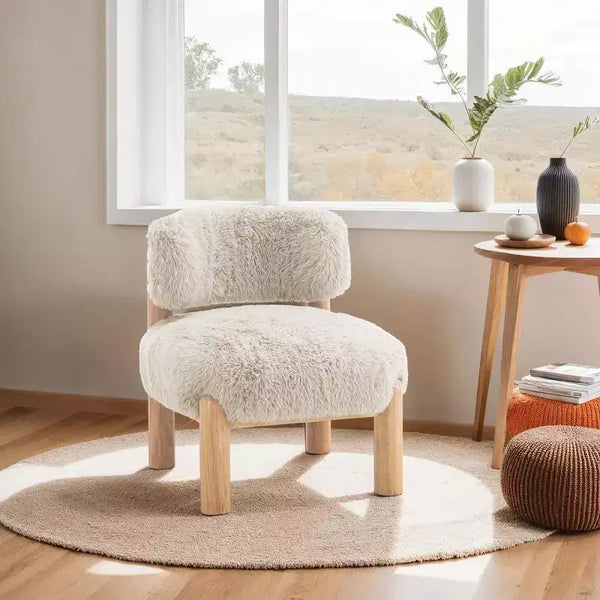 Luxury Plush Faux Fur Upholstery Armless Accent Chair, Elegant Wooden Legs for Living Room, Bedroom, Apartment, or Balcony-Panipeachy