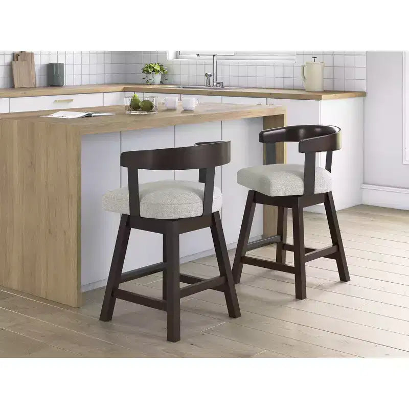Tabourets de bar pivotants rembourrés, assise grise avec structure marron foncé