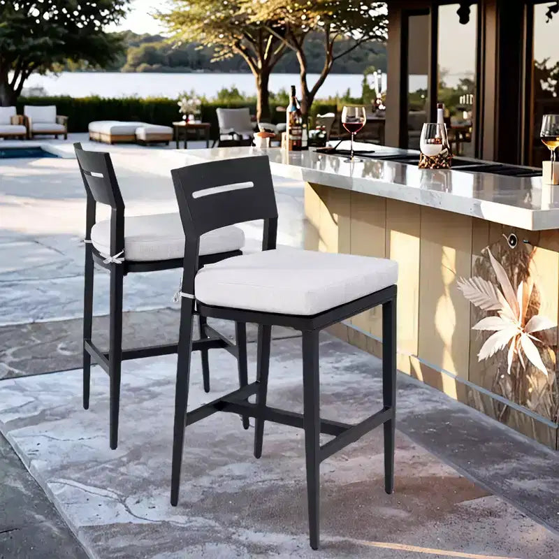 Aluminum Patio Bar Stools with Ergonomic Backrests, Tapered Legs, Footstools, and Cushions; Weather-Resistant and Suitable for Gardens