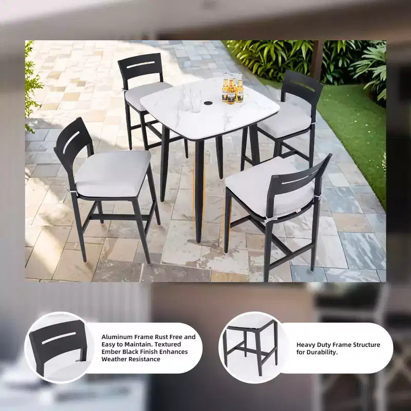 Tabourets de bar de patio en aluminium avec dossiers ergonomiques, pieds fuselés, repose-pieds et coussins; résistants aux intempéries et adaptés aux jardins