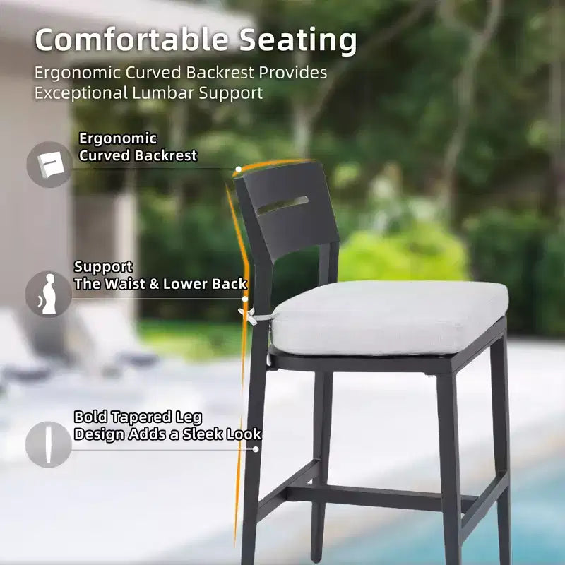 Tabourets de bar de patio en aluminium avec dossiers ergonomiques, pieds fuselés, repose-pieds et coussins; résistants aux intempéries et adaptés aux jardins
