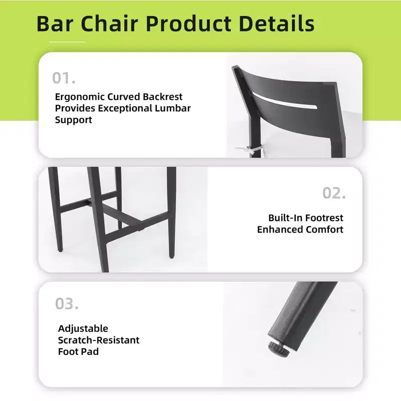 Tabourets de bar de patio en aluminium avec dossiers ergonomiques, pieds fuselés, repose-pieds et coussins; résistants aux intempéries et adaptés aux jardins