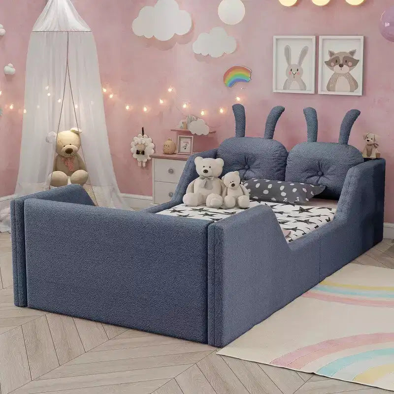 Lit Plateforme Double, Lit Enfant Rembourré au Sol avec Coussin Lapin, Barrières Latérales Amovibles