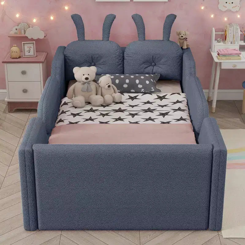 Lit Plateforme Double, Lit Enfant Rembourré au Sol avec Coussin Lapin, Barrières Latérales Amovibles