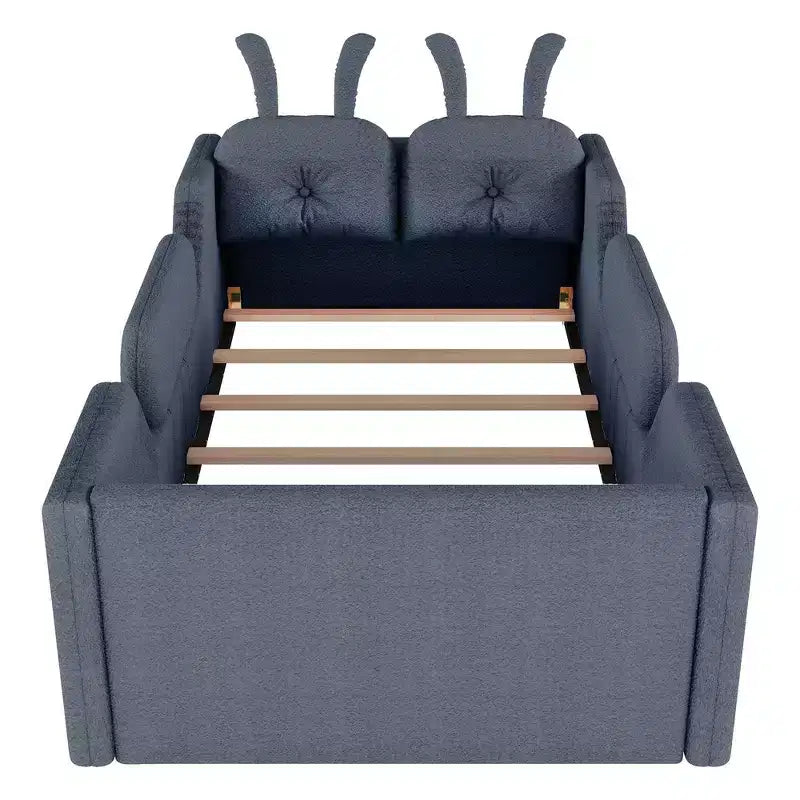 Lit Plateforme Double, Lit Enfant Rembourré au Sol avec Coussin Lapin, Barrières Latérales Amovibles
