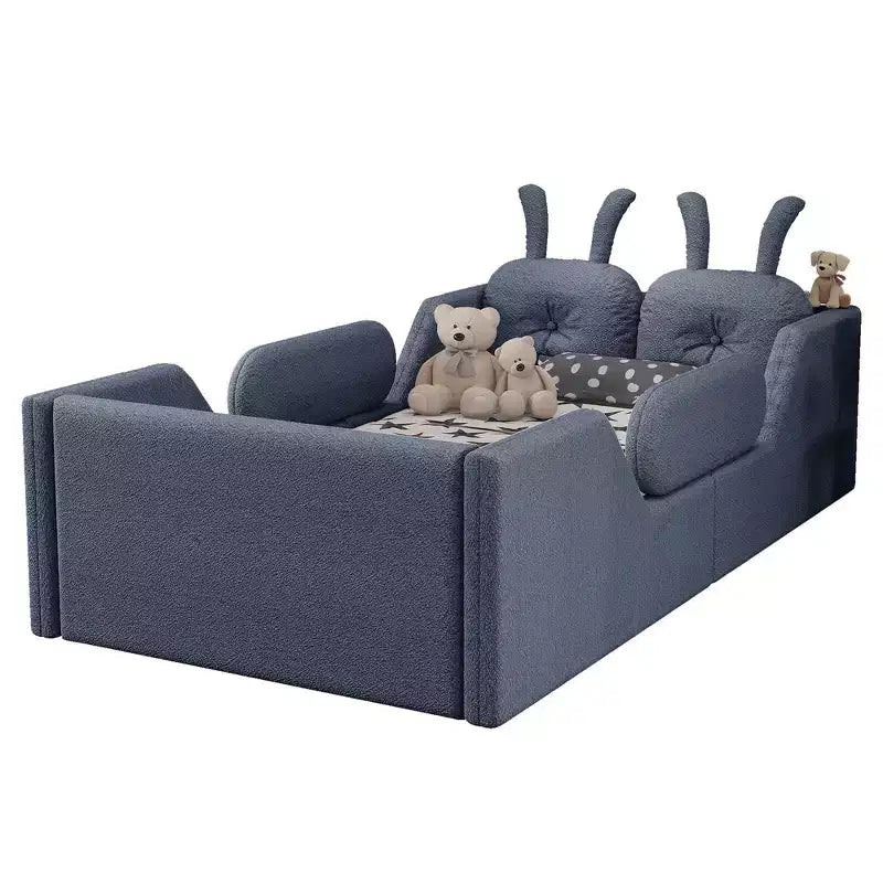Lit Plateforme Double, Lit Enfant Rembourré au Sol avec Coussin Lapin, Barrières Latérales Amovibles