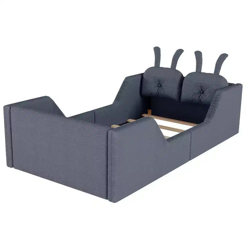 Lit Plateforme Double, Lit Enfant Rembourré au Sol avec Coussin Lapin, Barrières Latérales Amovibles