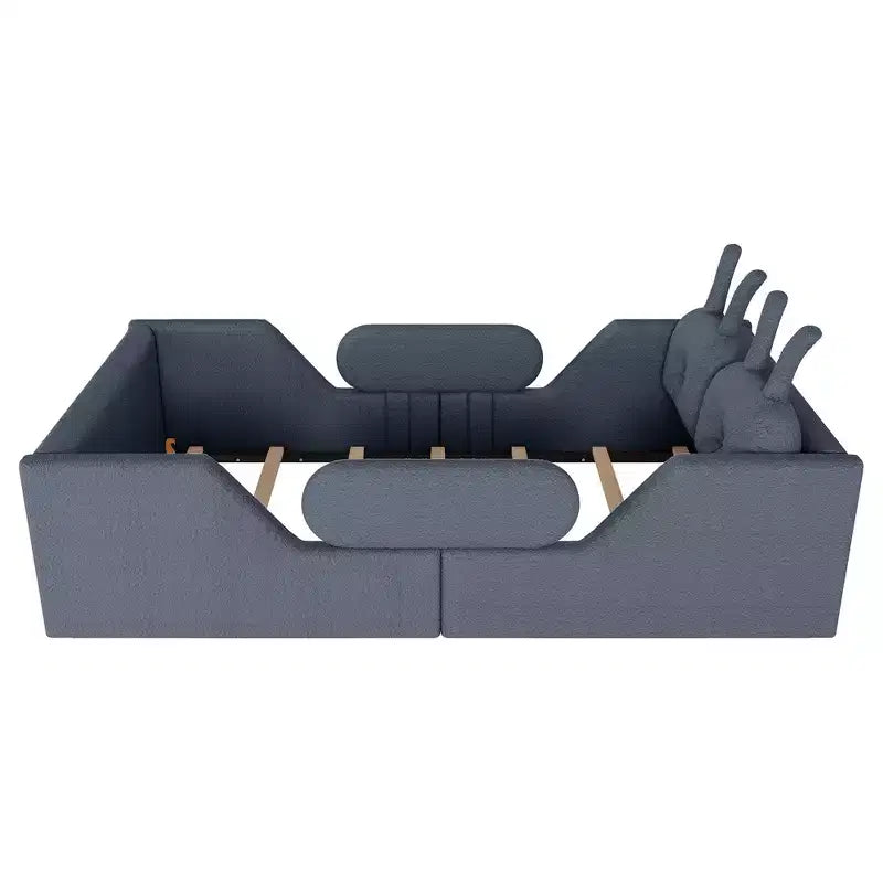 Lit Plateforme Double, Lit Enfant Rembourré au Sol avec Coussin Lapin, Barrières Latérales Amovibles