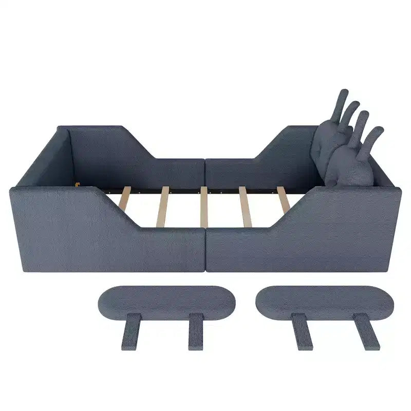 Lit Plateforme Double, Lit Enfant Rembourré au Sol avec Coussin Lapin, Barrières Latérales Amovibles