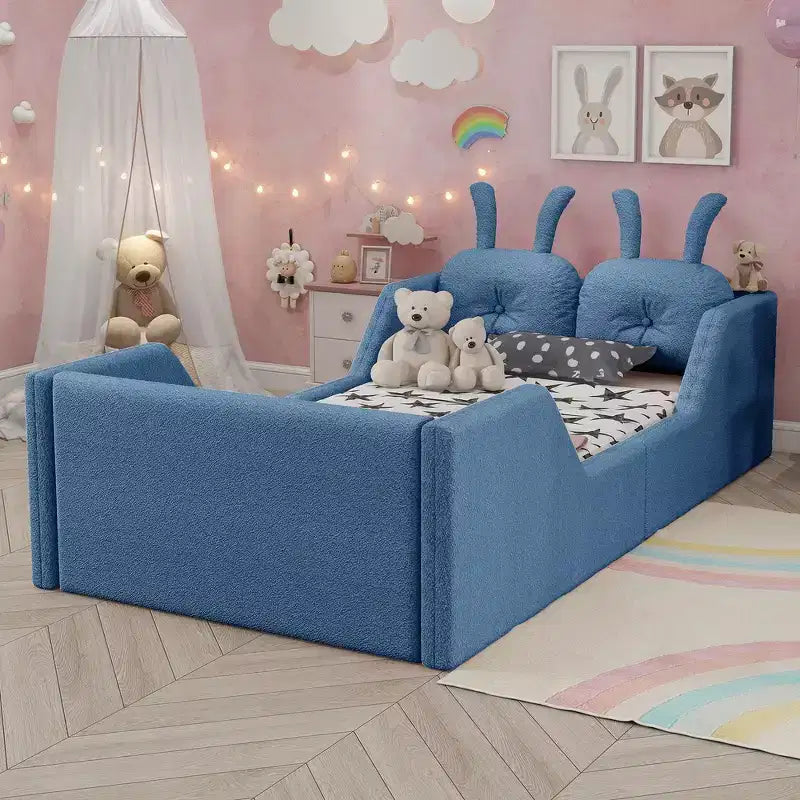Lit Plateforme Double, Lit Enfant Rembourré au Sol avec Coussin Lapin, Barrières Latérales Amovibles