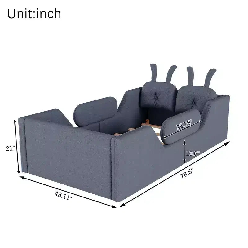 Lit Plateforme Double, Lit Enfant Rembourré au Sol avec Coussin Lapin, Barrières Latérales Amovibles