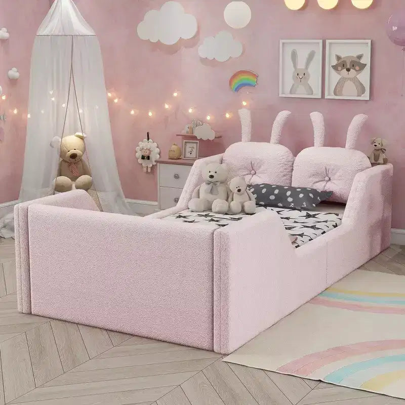Lit Plateforme Double, Lit Enfant Rembourré au Sol avec Coussin Lapin, Barrières Latérales Amovibles
