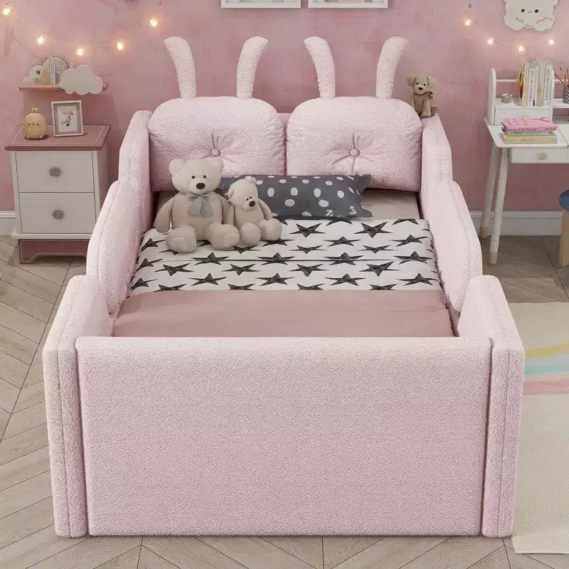 Lit Plateforme Double, Lit Enfant Rembourré au Sol avec Coussin Lapin, Barrières Latérales Amovibles