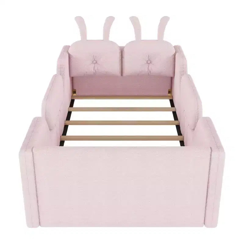 Lit Plateforme Double, Lit Enfant Rembourré au Sol avec Coussin Lapin, Barrières Latérales Amovibles