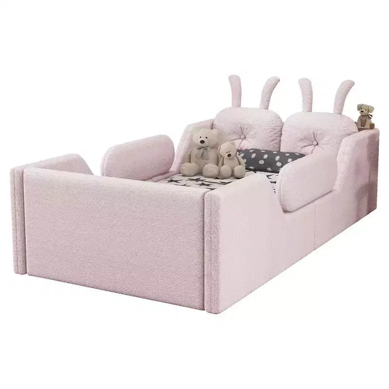 Lit Plateforme Double, Lit Enfant Rembourré au Sol avec Coussin Lapin, Barrières Latérales Amovibles