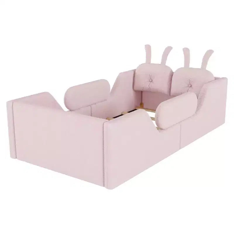 Lit Plateforme Double, Lit Enfant Rembourré au Sol avec Coussin Lapin, Barrières Latérales Amovibles