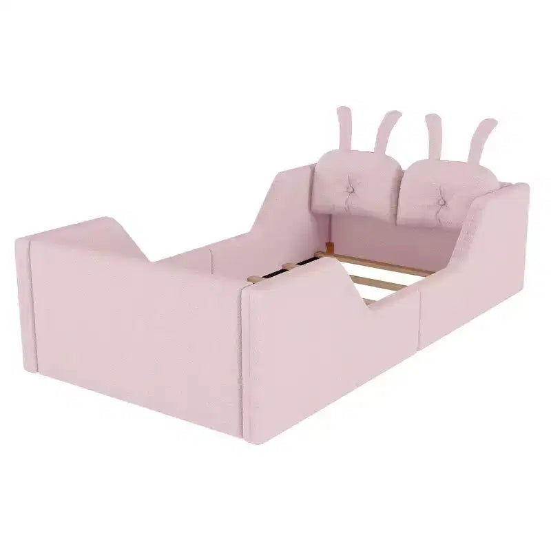 Lit Plateforme Double, Lit Enfant Rembourré au Sol avec Coussin Lapin, Barrières Latérales Amovibles