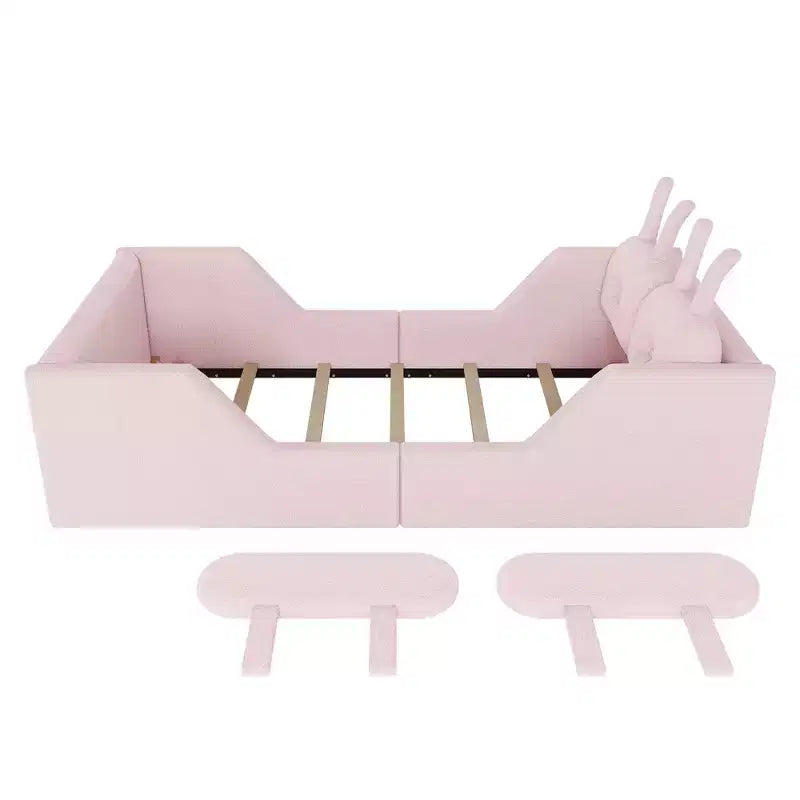 Lit Plateforme Double, Lit Enfant Rembourré au Sol avec Coussin Lapin, Barrières Latérales Amovibles